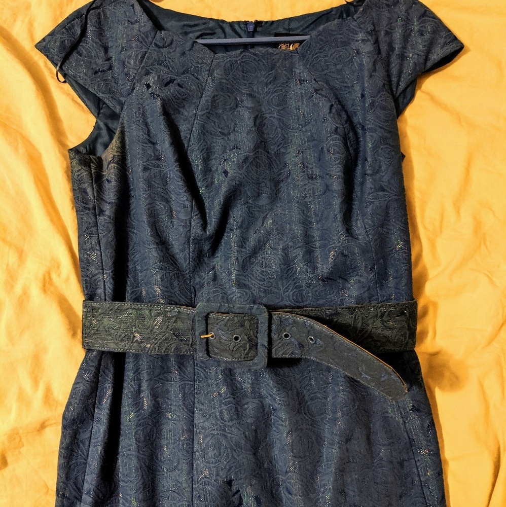 JAX blue brocade belted sheath dress